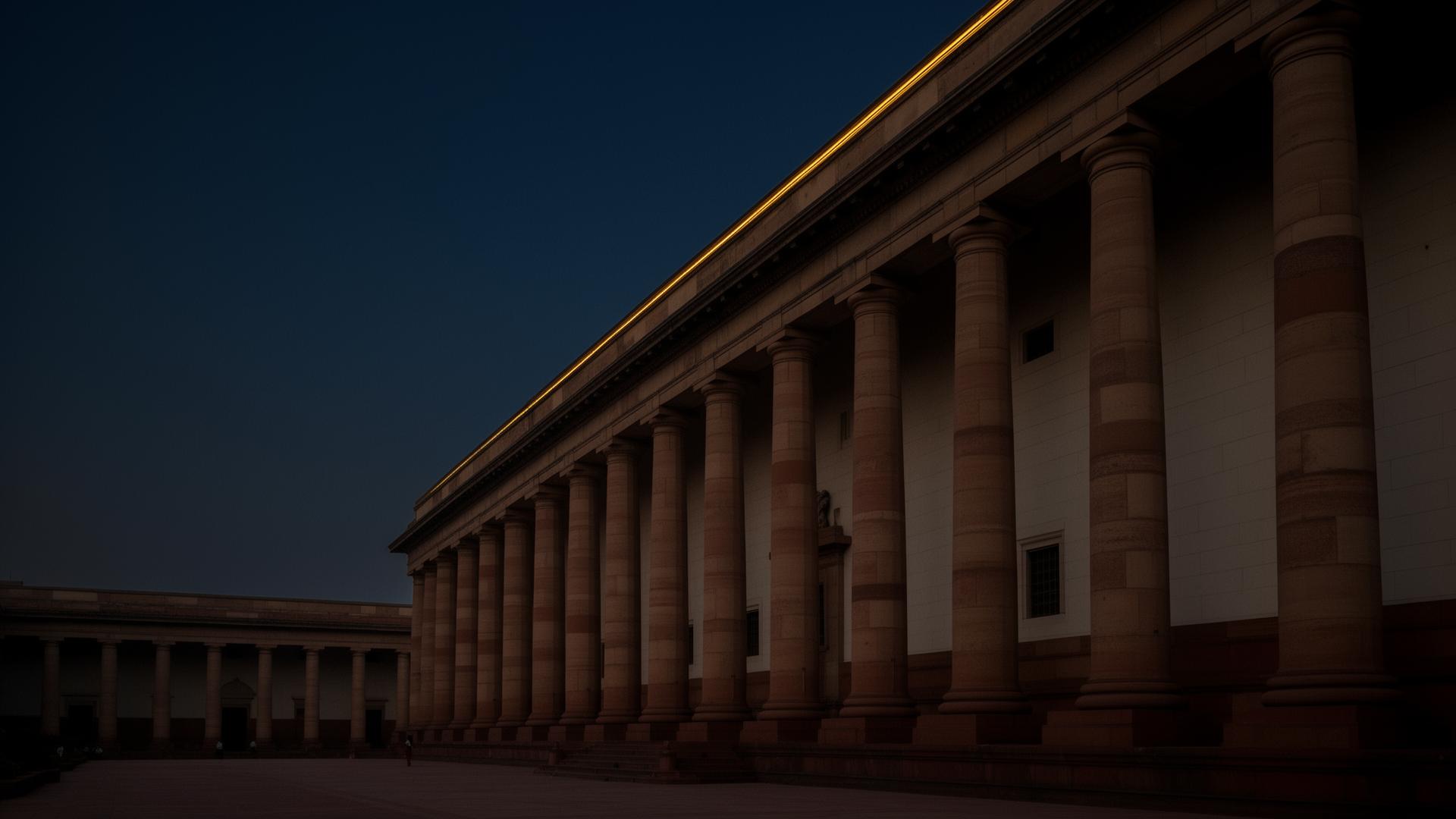 Indian Supreme Court colonnade at dusk